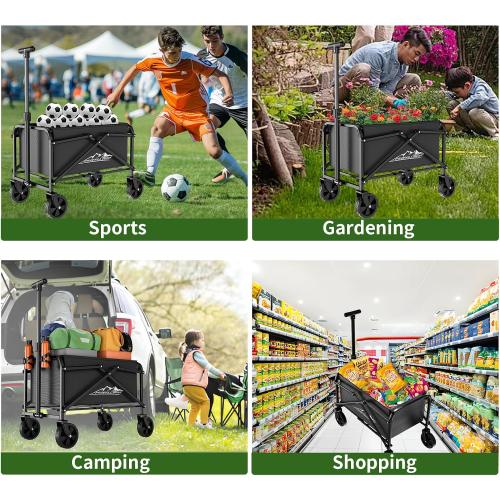 Color Black Collapsible Wagon Cart 220lbs Capacity, 4 Removable 360  Swivel Wheels & Adjustable, Waterproof 600D Oxford Fabric & MDF Base, All-Terrain Portable Utility Cart for Shopping, Garden