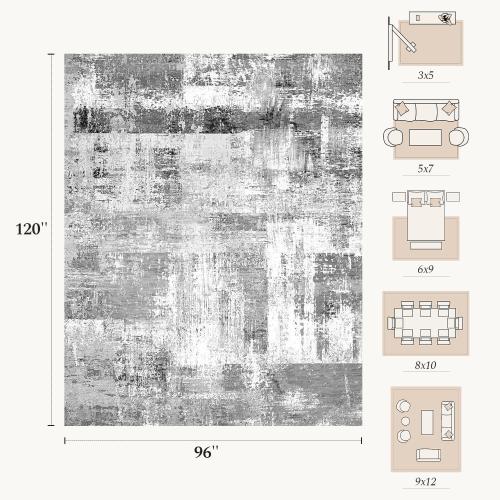Rugflix 8x10 Large Area Rugs for Living Room, Abstract Washable Rug, Non-Slip, Stain Resistant, Soft Low Pile Carpet, Indoor Grey Rug for Bedroom, Dining Room, Home Office