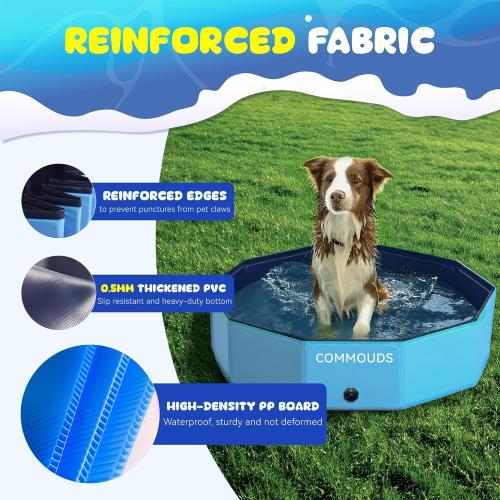 COMMOUDS Foldable Dog Pool, Collapsible Hard Plastic Dog Kiddie Swimming Pool, Portable Pet Bath Tub Wading Pools for Kids and Puppy Small Medium Large Dogs(79inch.D x 16inch.H)