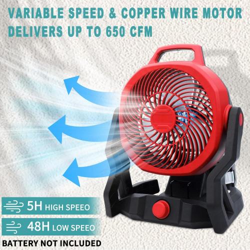 Battery Powered Fan for Milwaukee M18 18V Battery Variable Speed Battery Operated Fan Furnish AC Adapter, Highest 650 CFM Cordless Fan Low Noise for Jobsite Camping Fan (No Battery)
