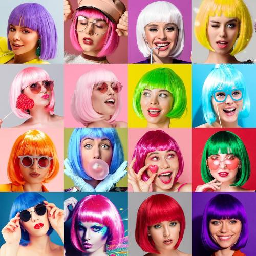 PLULON Pink Blue Yellow Bob Wig with Heart Sunglasses Hair Cap, Colorful Short Bob Wigs Synthetic Party Wigs Funny Cosplay Hairpieces for Women Daily Bachelorette Halloween Costume Party Decorations