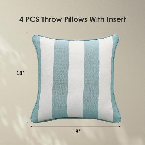 Decorative Outdoor Water Repellent Throw Pillows with Inserts, Set of 4, 18 x18 Pillows for Patio, Backyard, Bed, Couch, and Patio Furniture, Turquoise Stripe