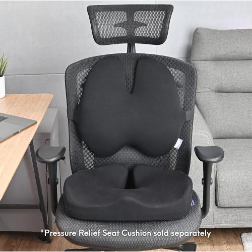 Color Black C CUSHION LAB Extra Dense Lumbar Pillow - Patented Ergonomic Multi-Region Firm Back Support for Lower Back Pain Relief - Lumbar Support Cushion with Strap for Office Chair, Car, Sofa, Plane - Black