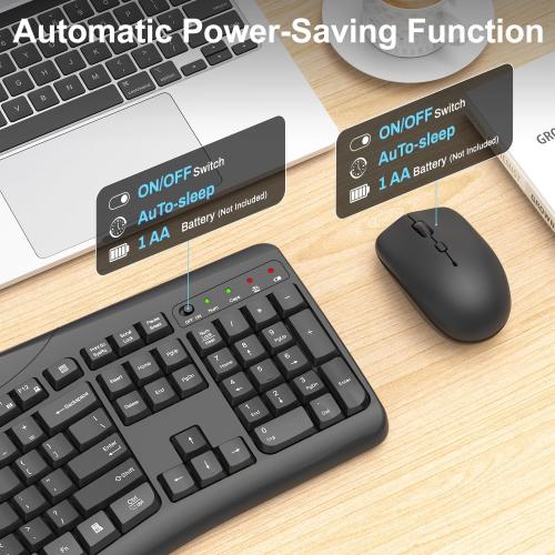 Wireless Keyboard and Mouse Combo, 2.4G Quiet Ergonomic Curved Keys(Black)