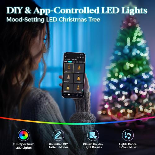 HOLLO STAR 7.5 ft Prelit Christmas Tree with 379 LED Lights, App Control, Artificial Christmas Tree, Multi-Color RGBW Lights, 1476 Flocked Frosted Tips, 86 Pine Cones, Metal Base, for Home, Party