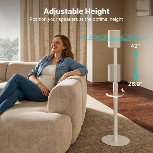 PEGZONE Speaker Stands Pair Compatible with Sonos Era 100 and Era 300, Height-Adjustable from 26.9-42, Cable Management, 11lbs Capacity, White