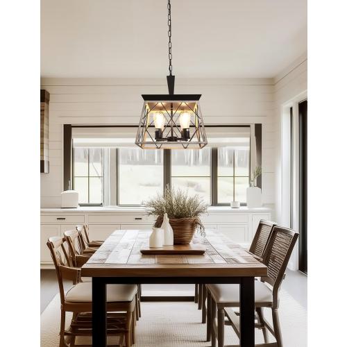 DORESshop 4-Light Rustic Farmhouse Chandelier for Dining Room, 15 Black and Rust Dining Room Light Fixtures, Adjustable Hanging Vintage Trapezoidal Grid Light Fixture for Kitchen Island, E26 Base