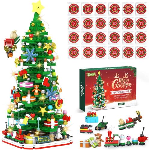 Advent Calendar 2025 Adult Teen Boy Girls Kids Christmas Tree Building Set Toys with Led light, Holiday 24 Days Christmas Countdown Calendars Xmas Tree, Fun Cute Gifts (1083 PCS)