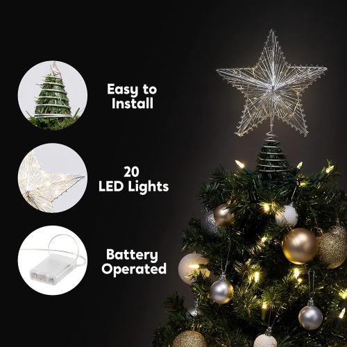 Joiedomi Christmas Star Tree Toppers Silver, 8 Metal Treetop Ornaments Battery Powered with Warm White LED Lights for Xmas Decorations Indoor, Holiday Party Decor