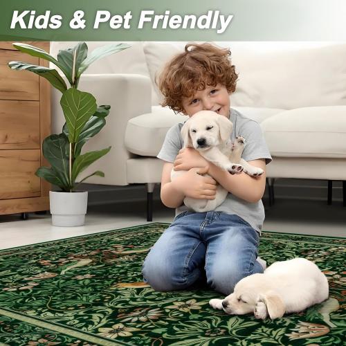 Vintage Washable Area Rugs for Living Room, Soft Green Boho Floral Large Bedroom Rug Non-Slip Botanical Dining Room Rug, Retro Flower Birds Floor Carpet for Kids Room Classroom
