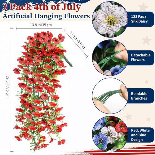 Lewondr 4th of July Artificial Hanging Flowers Plants for Outdoor, 3 PCS | Faux Silk Memorial Day Plants, 30'' Red White Blue UV-Resistant Flower, for Independence Veterans Porch Patio Yard Decor