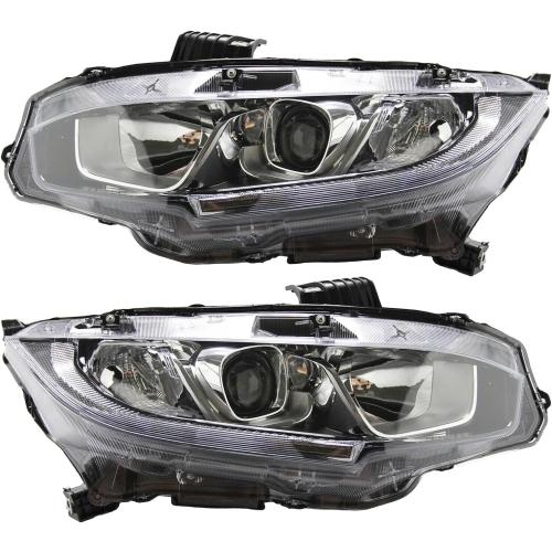 Headlight Assembly Fit for 2016-2021 Honda Civic,Halogen Headlamp w/LED DRL Chrome Housing Replacement Driver Passenger Side