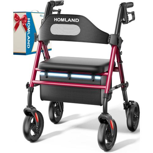HOMLAND Foldable Rollator Walkers with Seat for Seniors, 8'' Big Wheels, 350 lb. Weight Capacity, Adjustable Handles and Seat Height, Lightweight Rolling Walker, Red