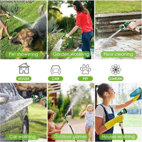 Non-Expandable Garden Hose 100 ft, Ultra Lightweight & Flexible Water Hose With 10-Pattern Spray Nozzle, Full Length Leak-Proof Design, High-Density Fabric & Shut-Off Valve, Hose Straps