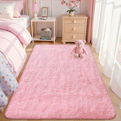 OLANLY Area Rugs for Living Room Bedroom, Machine Washable 4x5.9 ft Soft Fluffy Shaggy Bedside Rug, Indoor Floor Carpet for Kids Girls and Boys, Dorms, Nursery Rooms, Home Decor Aesthetic, Pink