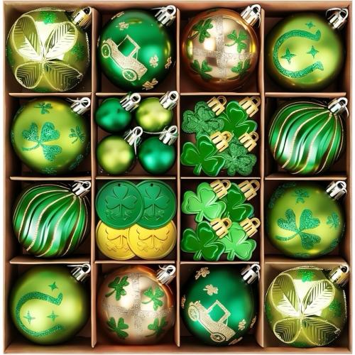 36Pcs Hanging Ball Ornaments St Patricks Day Decorations, Shamrock Tree Ornaments Irish Festival Good Luck Clover Green Gold Ball for Party Home Spring Shelf Shamrock Decorations