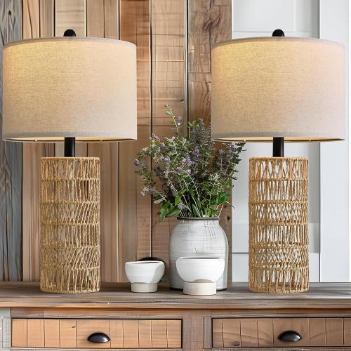 OYEARS 22.5 Boho Table Lamps Set of 2 for Living Room, Bedside Lamp for Nightstands, Rattan Lamp for Bedroom, Farmhouse Table Lamp for Room Decor, End Table, Retro, Brown（Not Include Bulbs）