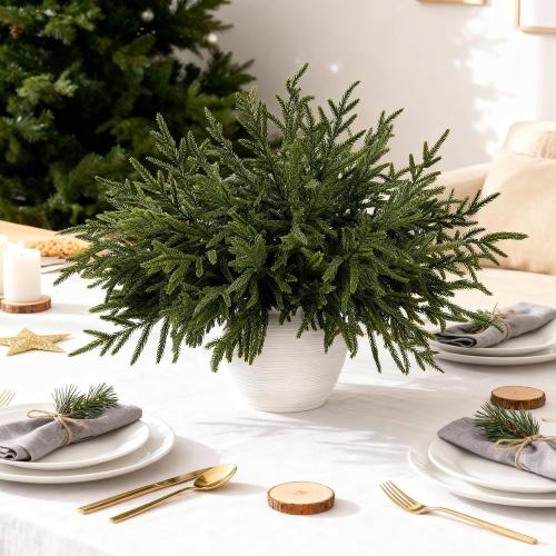14 Pcs Norfolk Pine Stems, 18 Inch Real Touch Artificial Christmas Norfolk Pine Branch, Faux Greenery Picks for Vase DIY Garland Home Holiday Decor