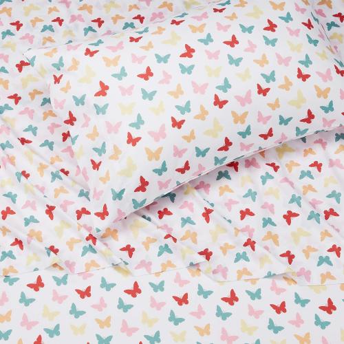Amazon Basics Kid's Soft Easy-Wash Microfiber 3-Piece Sheet Set, Twin, Multi-Color Butterflies, Butterfly Friends, Printed