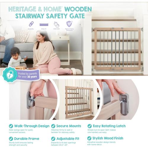 Regalo Safety 23.5-42 Heritage & Home Wooden Baby Gate for Stairs & Doorways, Walk Through Stair Gate with Door for Babies, Toddlers, & Pets, American Designed and Owned