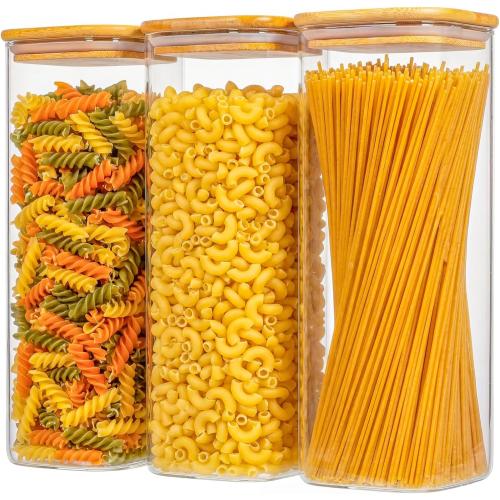 3-Pack 2.2Qt Square Glass Spaghetti Jars with Bamboo Lids