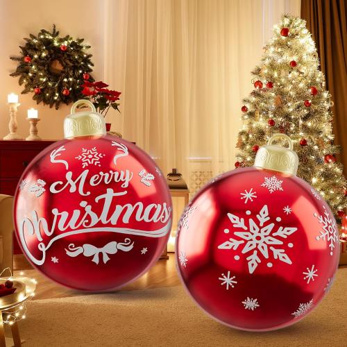 2PCS 24 Inch Christmas Inflatable Ball, PVC Giant Inflatable Ornaments Balls Red Blow up Ornament Balls, Inflatable Christmas Decorations for Outside Holiday Yard Lawn Decor(Merrychristmas Snowflake)