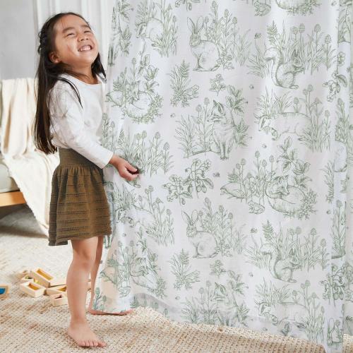 jinchan Linen Nursery Curtains 96 inch Long Woodland Wildlife Sage Green Print Drapes for Kid's Room Light Filtering French Country Farmhouse Curtains with Bunny and Forest Design Set of 2 Panels