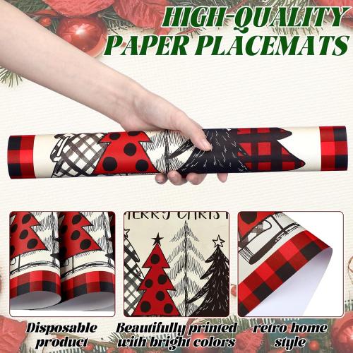 Umigy 60 Pcs Christmas Dinner Paper Placemats 10.24 x 14.57 Inch Christmas Tree Buffalo Plaid Disposable Paper Placemats Black and Red Table Mats for Xmas Dinner Kitchen Party Supplies