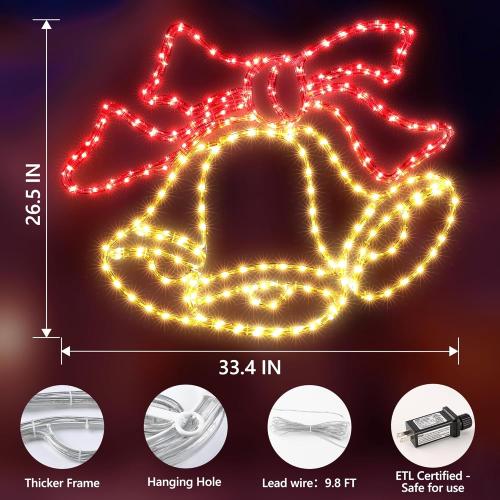 Joomer 33‘’ Christmas Lights Outdoor Bell Neon Super-Bright Large LED Christmas Light Decoration with Timer Waterproof for Outdoor Home Party Wall Hanging Holiday(Warm White & Red)
