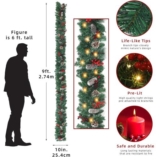 9FT Christmas Garland，Battery Operated Lighted Garland with Pine Cones Red Berries Lush Branches，50 LED Lights 8 Modes，Christmas Decorations