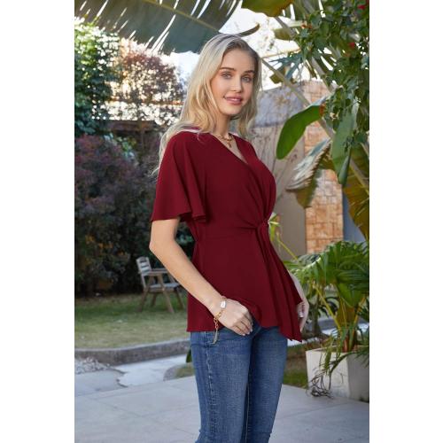 GRACE KARIN 2026 Women's Elegant V Neck Peplum Tops Tie Front Short Bell Sleeve Shirts Tops Blouse 2Xl
