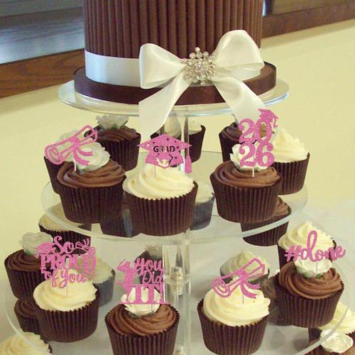 24 Pack 2026 Graduation Cupcake Toppers Glitter So Proud of You Done Diploma Grad Cap Cupcake Picks You Did it Cake Decorations for 2026 Graduation Theme Party Decorations Supplies Pink