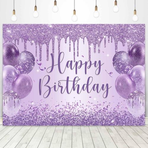 Sensfun Purple Happy Birthday Backdrop Banner Shiny Glitter Balloon Photography Background for Women Girls Sweet 16 18th 21st 30th Birthday Party Decorations Banner Photo Booth Props 6x4ft
