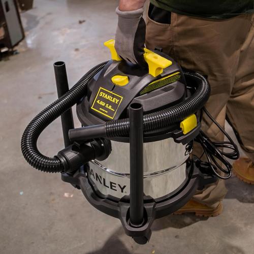 STANLEY Wet/Dry Vacuum SL18115, Stainless Steel Tank, 5 Gallon 4HP Shop Vacuum, Portable Style Ideal for Home/Shop/Jobsite Dust Collection Job with Vacuum Attachments, Silver Yellow