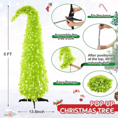 Syhood Whimsical Christmas Tree 5ft Bendable Pop up Collapsible 1 Minute Christmas Tree with 36 Wooden Ornaments for Indoor Outdoor Home Office Holiday Xmas Party Decor Supply