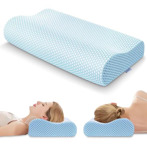 Anvo Memory Foam Pillow, Neck Contour Cervical Orthopedic Bed Pillow for Sleeping Side Back Stomach Sleeper, Ergonomic Design for Neck and Shoulder Pain Relief, Cyan, Firm
