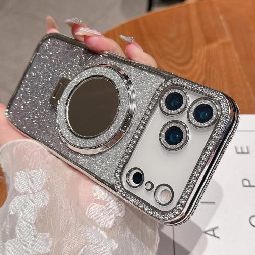 Changjia Magnetic Kickstand Glitter Case for iPhone 17 Pro,[Compatible with Magsafe] Cute Bling Sparkly Rhinestones with Camera Protector &Makeup Mirror Women Girls Case for iPhone 17 Pro 6.3, Silver