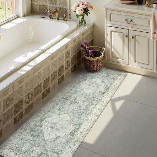 Washable Small  Runner Rug for Bathroom, Non Slip Kitchen Mats for Floor Entryway, Boho Indoor Front Door Mat Low-Pile Runners for Hallways, Farmhouse Rugs for Laundry, Sage Green