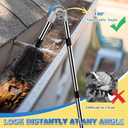 13FT Gutter Cleaning Tool from The Ground, No Ladder Needed - Adjustable Length Gutter Cleaner Pole with 180° Pivoting Head, Replaceable Brush & Shovel for Leaves, Debris