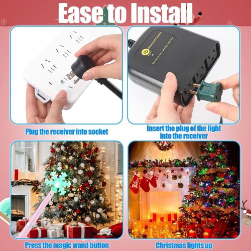 Magic Christmas Wand Wireless Remote Control Outlet, Christmas Tree Wand Lights Controller Xmas Decoration Outdoor Indoor Turn on Off Switch Kit with 100 Ft Range(Three 3-pin Plugs,Pink)