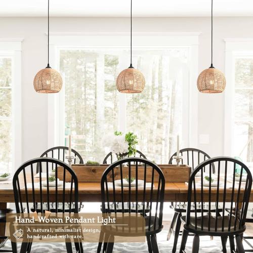 3 Pack Wicker Pendant Light Natural Woven Pendant Light Boho Chandelier Light Fixture Dome Rustic Farmhouse Pendant Lights Rattan Light Fixture for Dining Room Kitchen Island (Bulb Incl.)