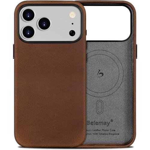 Belemay Handcrafted Crazy Horse Leather Case for iPhone 17 Pro, Compatible with MagSafe, Vintage Aesthetic, Two-Tone Effect, Unique Patina, Camera Control Button, Metal Buttons (6.3), Vintage Brown