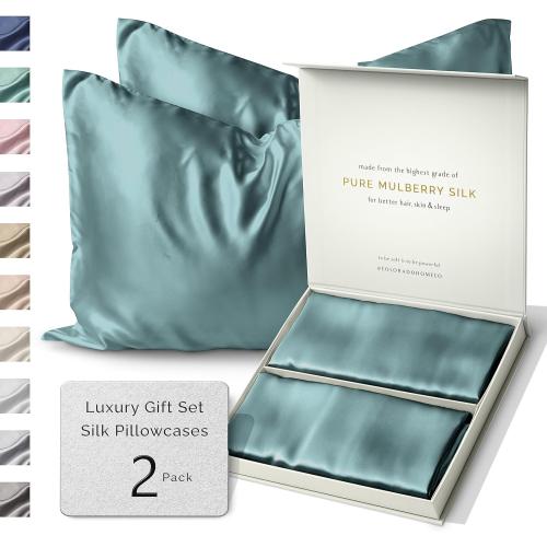 Colorado Home Co 22 Momme Real Silk Pillowcase, Mineral Blue, 2 Pack queen Pillowcase,