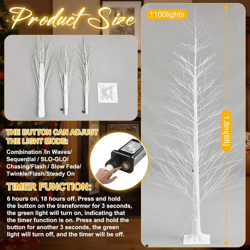 1 Pack 6ft-1100led Christmas Lighted Birch Tree LED Warm White Lights Twinkle Twig Artificial Tree Light for Outdoor Indoor Home Holidays Party Decorations, 8 Modes