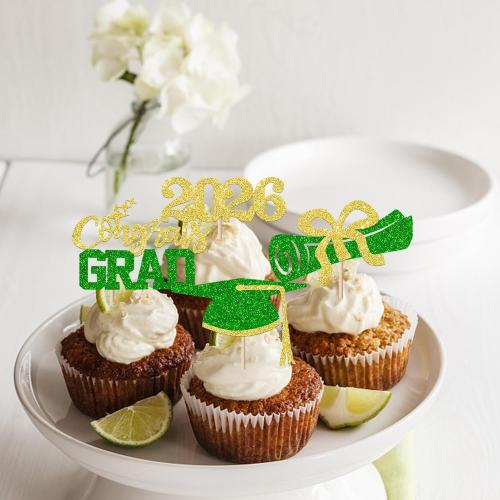 24 Pack Congrats 2026 Graduation Cupcake Toppers Glitter Grad Cap Diploma 2026 Senior Cake Pick for Class of 2026 Theme Party Cupcake Decoration Supplies Blue Green