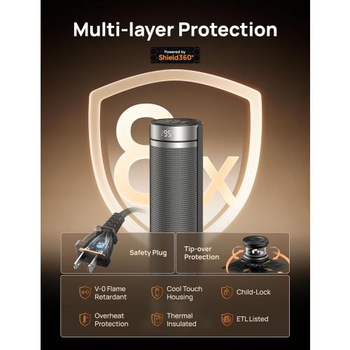 Dreo Space Heater for Large Room, 23 Inch Electric Heaters for Indoor Use, 8 Safe Protection Tower, 70° Oscillation, PTC Ceramic with Thermostat and Remote, Quiet, 12H Timer, Bedroom, Office