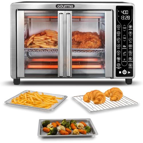 Gourmia French Door Air Fryer – 25 Qt Large Capacity Convection Oven, Fryfroce 360°, Digital Display with 17 Cooking Presets, Bake, Toast, Roast, Dehydrate, Fits 12” Pizza