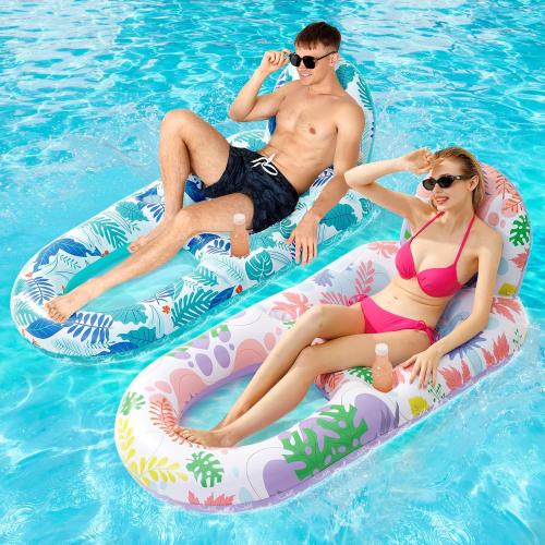 2 Pack Pool Floats Adult Heavy Duty-Adult Pool Float Lounger with Cup Holders, Backrest & Footrest Pool Lounge Float Pool Floaties Rafts for Beach Lake Party(Pink, Blue)