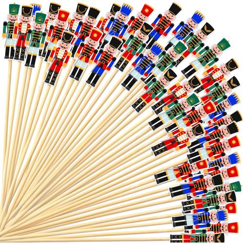 Karenhi Christmas Cocktail Picks 5.1 Inch Nutcrackers Toothpicks Xmas Food Appetizer Picks Bamboo Fruit Dessert Sticks Cupcake Topper Decoration for Christmas Themed Party Supply(300 Pcs)