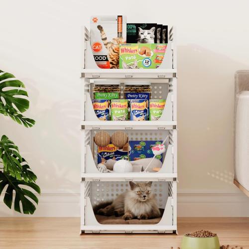 Pinkpum Stackable Plastic Storage Basket, Foldable Closet Organizers, Drawer Shelf Storage Container/Bins for Wardrobe Kitchen Bathroom Office Dorm, White, 4 Packs